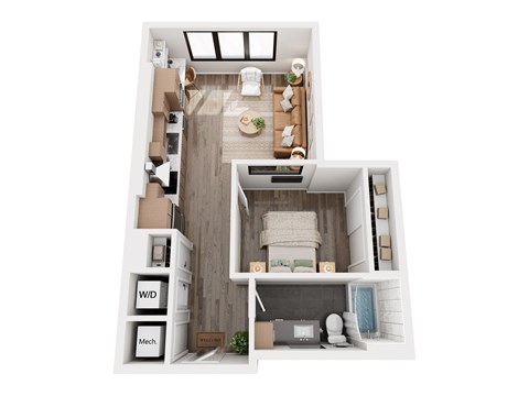 Floor plan for 1 bed, 1 bath, 673 sqft